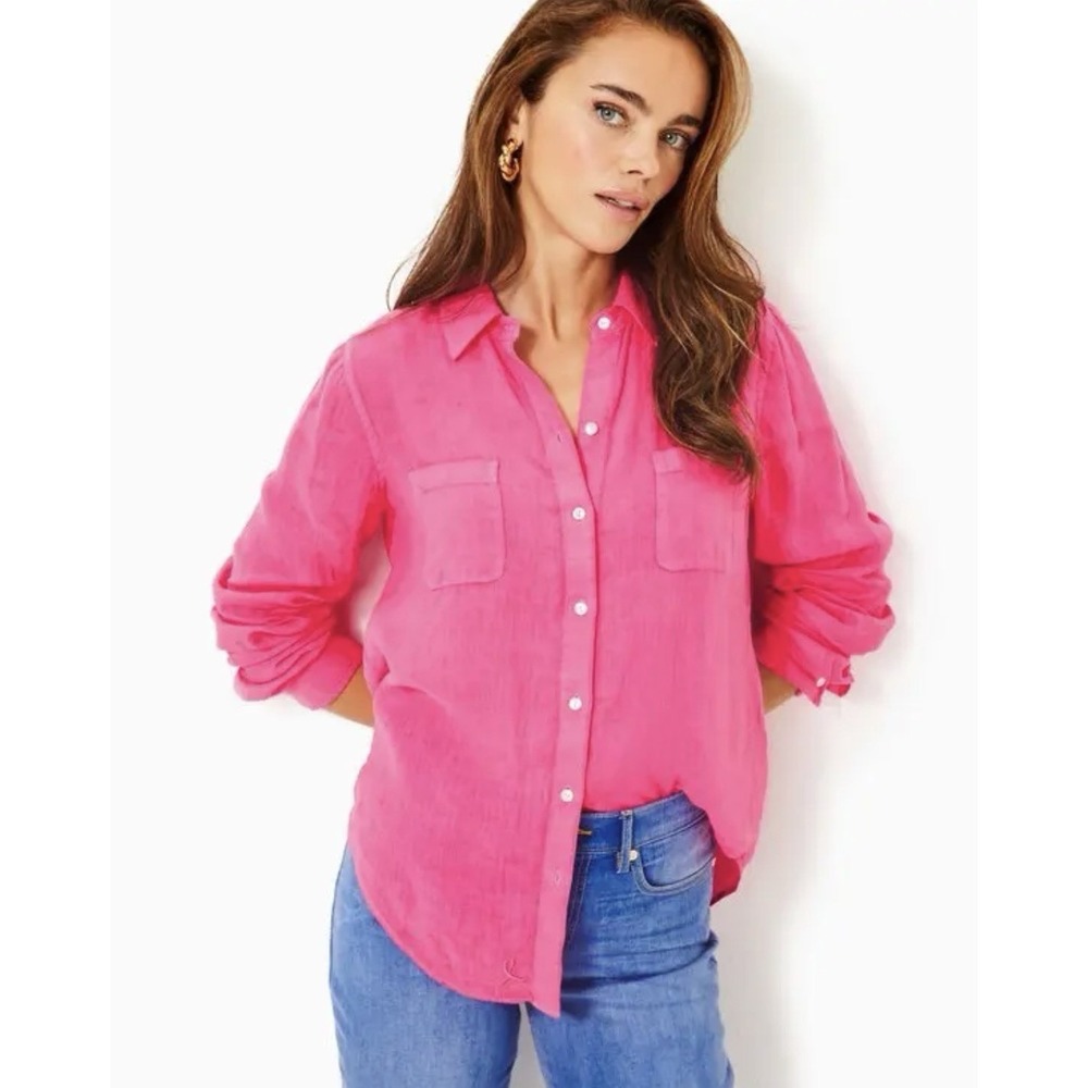 VTG Carezie 100% Silk  Button Down Blouse Hot Pink Sz S Barbie Preppy Party Boho